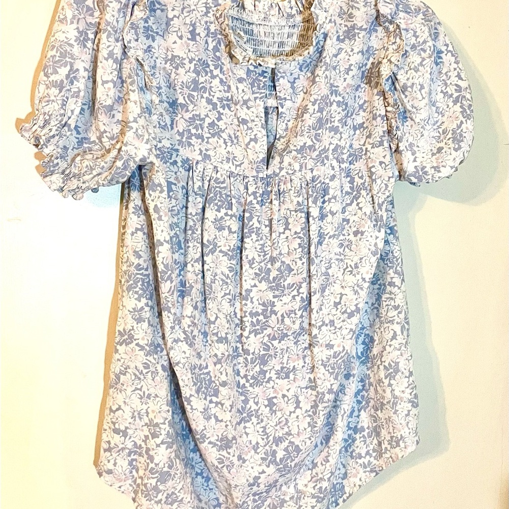 Floral Blue White Linen Buttoned Women's Top